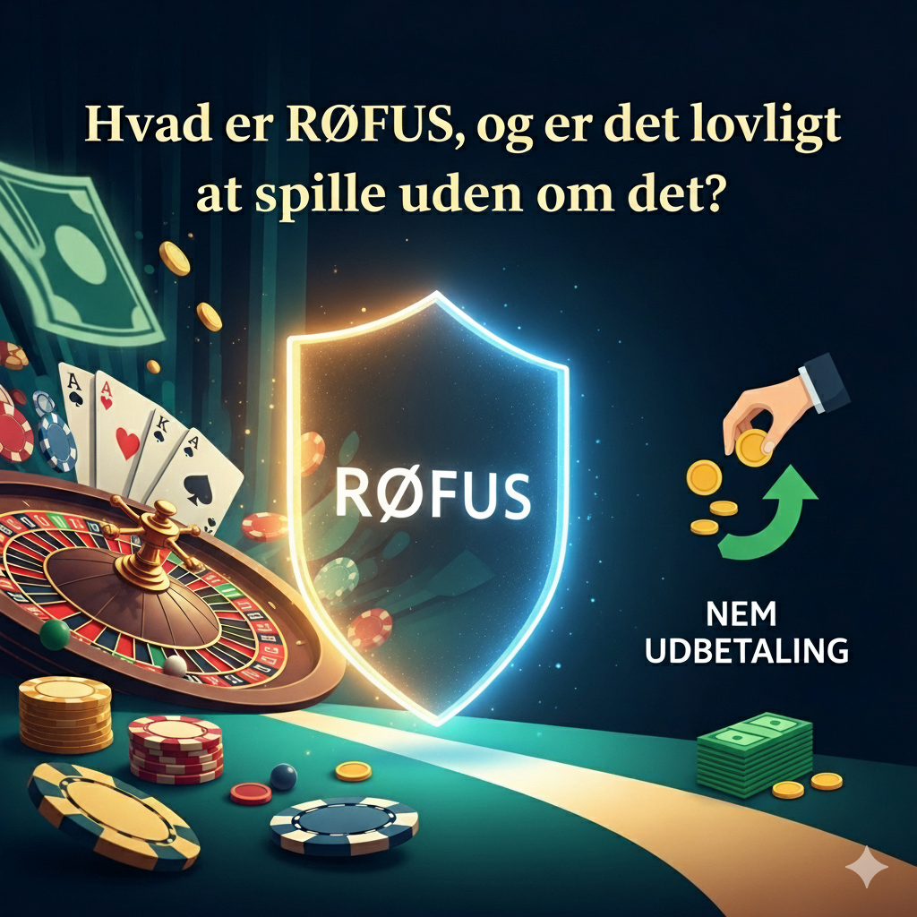 Illustration of 'Hvad er ROFUS, og er det lovligt at spille uden om det?' with ROFUS clipboard, no-entry symbol, and a slot machine, representing casino uden ROFUS